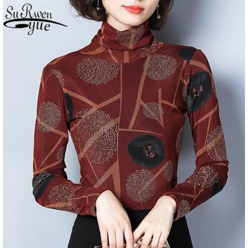 New Fashion 2021 Elegant Women Tops Printing Casual Women Clothing Turtleneck Long Sleeve Slim Women Blouses Plus Size 5673 50