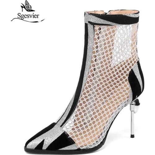 Sgesvier 2020 plus size 33-50 summer boot hollow out pointed toe sexy super high heel party prom shoes crystal women ankle boots