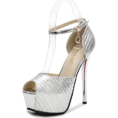 Womens Pumps 14CM Thin High heels Sexy PU Buckle Strap Peep Toe waterproof fashion Dress Party Wedding shoes for women 2020