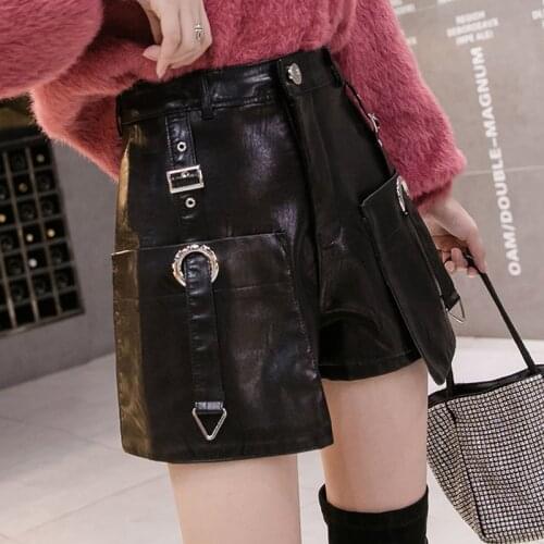Pu leather shorts womens thickened bottoming boots pants autumn and winter 2020 new high waist loose bling leather shorts
