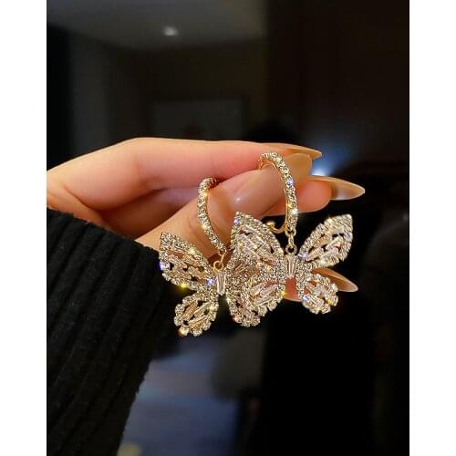 New Style Golden Butterfly Zircon Crystal Dangle Earrings for Women Blue Rhinestone Weddings Party Jewelry Accessories