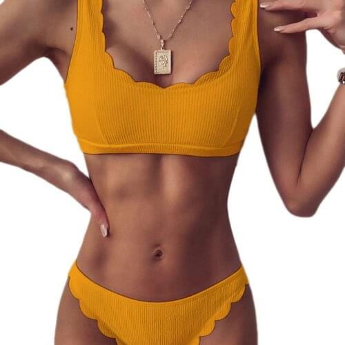 Women Sexy Bikini Set Ribbed Knit Push Up Swimsuit Scalloped Edge Bathing Suit