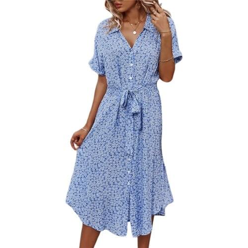 Women Fashion Floral Print Loose Shirt Dress Short Sleeve Button Down V Neck Casual Summer Bohemain Midi Dress Clothes