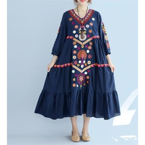 New 2020 Spring Autumn Women National Style V-neck Cotton Linen Embroidery Dress Vintage Dress Vestidos Casual Loose Dress Robe