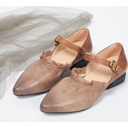 2019 literary retro handmade leather soft pointed single head suede leather buckle buckle with heel womens shoes