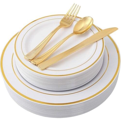 25pcs Disposable Gold Tableware for Wedding Party Dessert Knives Forks Spoons Golden Dinner Plate Party Dinnerware Cutlery Sets