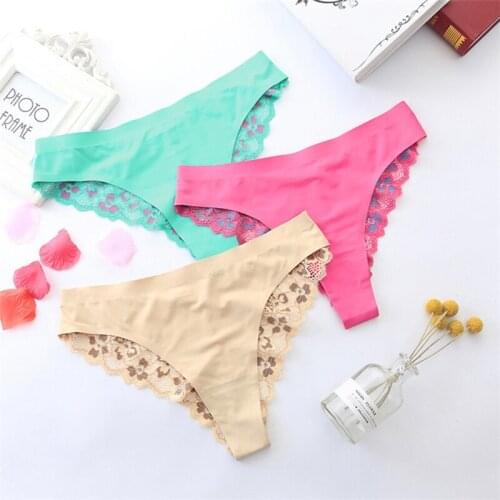 3pcs Fashion Soft Women Underwear Sexy Lace Transparent G String Low Waist Hollow Floral Printed Panties Lady Briefs Ice Silk