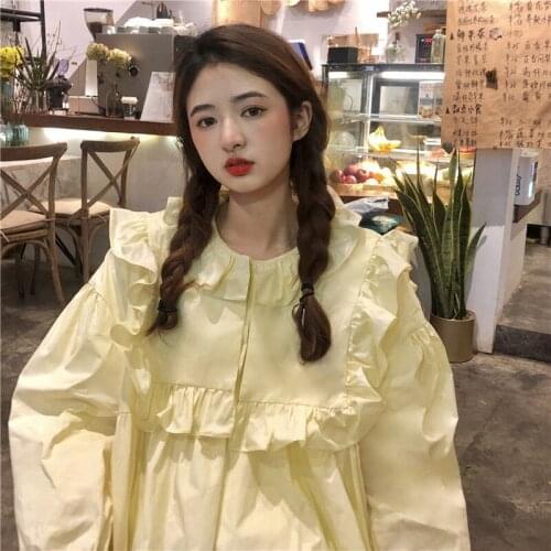 Oversized Blouse 2021 Korean Preppy Style Round Neck Drop Shoulder Long Sleeve Top Women Designer Ruffles White Cotton Shirts