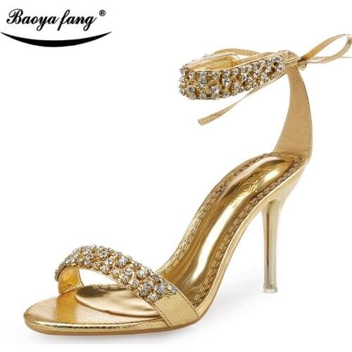 Golden Fashion Summer Womens sandals 9cm Thin High heels Party Sandals Bridal wedding shoe crystal Ankle Strap Ladies High Shoe