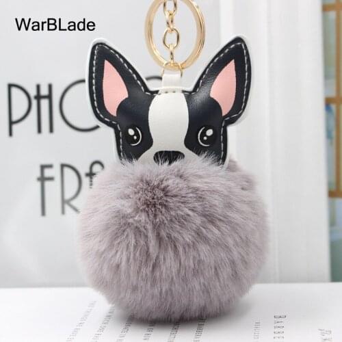 Pompom French Bulldog Keychain Fluffy Rabbit Fur Ball Key Chain Pu Leather Animal Dog Keyring Holder Bag Charm Trinket Chaveiros