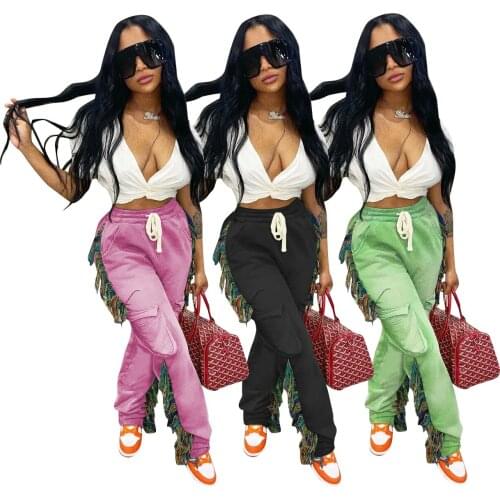 Echoine Fashion Side Tassel Fringe Pants for Women Jogger Pant Women Green Hight Waist Bodycon Active Sweat Pants Trousers