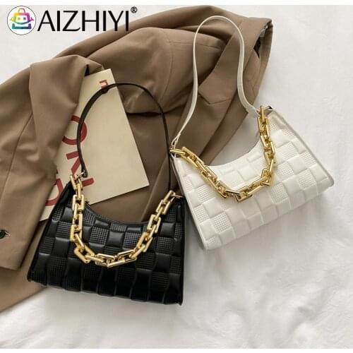 Checker Pattern Baguette Bags Small PU Leather Chain Shoulder Bags for Women Handbag Female Travel Chain Purse