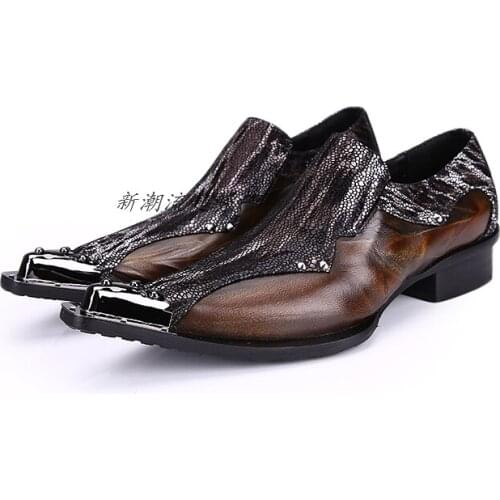 Christia Bella Metal Pointed Toe Male Crown Genuine Leather Sequins Shoes British Style Mens Party Shoes Man Plus Size Shoes