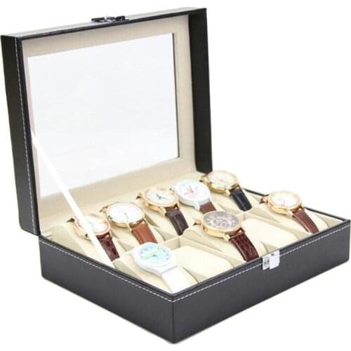 10 Grids Watch Box PU Leather Watches Display Case Jewelry Holder Storage Organizer with Lock for Women Men Gifts