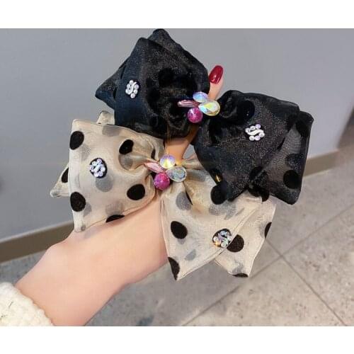 Elegant Ribbon Large Bow Elastic Hair Bands Dot Fabric Head Tie Crystal Rhinestone Hairbands for Women Headpiece Girls Jewelry