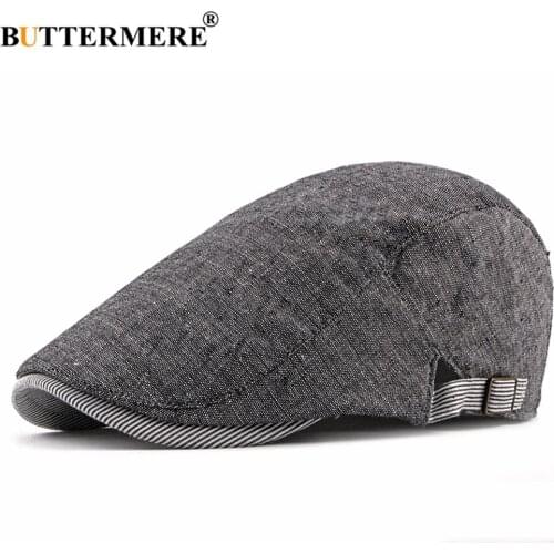 BUTTERMERE Cotton Linen Flat Cap for Men Spring Summer Beret Man British Style Vintage Casual Gray Baret Adjustable 55-60cm