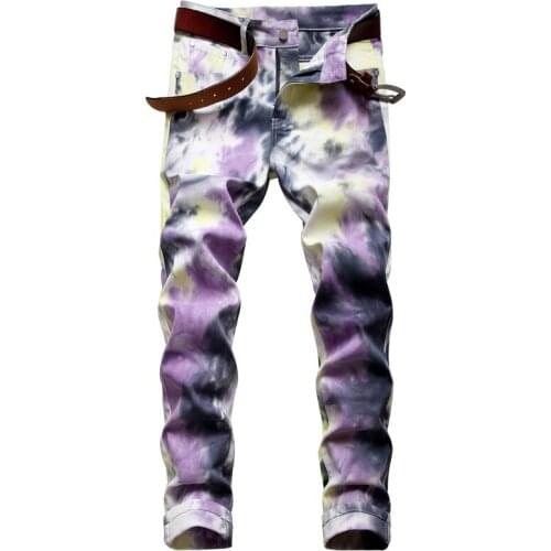 Mens Fancy Color Tie and Dye Print Jeans Fashion Slim Straight Stretch Denim Pants Painted Trousers Punk Clothes Hip Hop Jeans