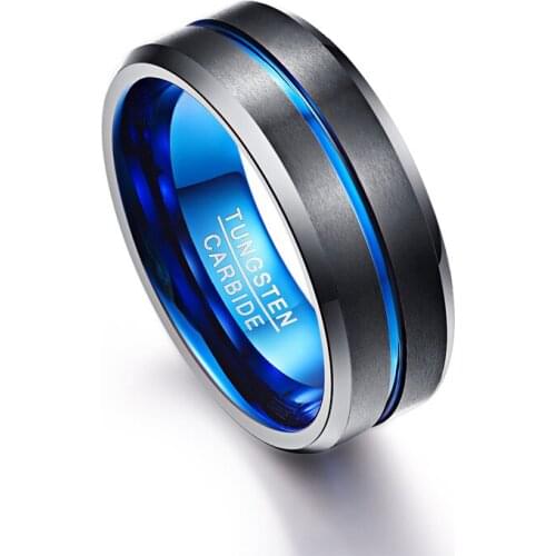 Mens 8mm Tungsten Carbide Groove Ring Blue & Black Matte Finish Beveled Edge Wedding Band
