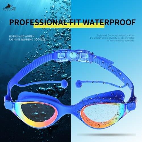 YUELANG Professional Swimming Goggles Swimming with earplugs Waterproof glasses Anti-Fog Anti-UV Silicone Glasses Electroplate