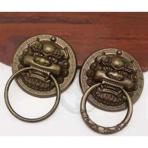 New Lion Head Door Handle Pure Copper Kylin Animal Head Bronze Door Knocker Ring Furniture Hardware Antique Pulls