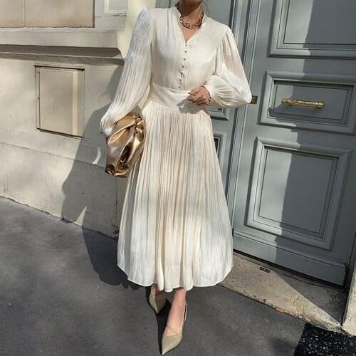 Long Sleeve Party Spring Runway Vintage Elegant Autumn Dress Luxury A-Line 2021 Boho High Waist Dresses for Women Solid White