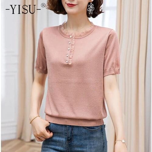 YISU Thin Knitted Sweater Women Loose Jumper Summer New Female Pullover O neck Short sleeve Solid color sweater Woman Clothing