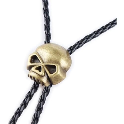 Vintage Western Cowboy Mens BOLO Tie Slide Clip Half Skull Head Leather Rope