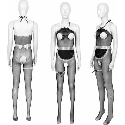 Womens Erotic Japanese Maid Cosplay Costume See-through Cupless Crotchless Fishnet Bodysuit Lingerie Set