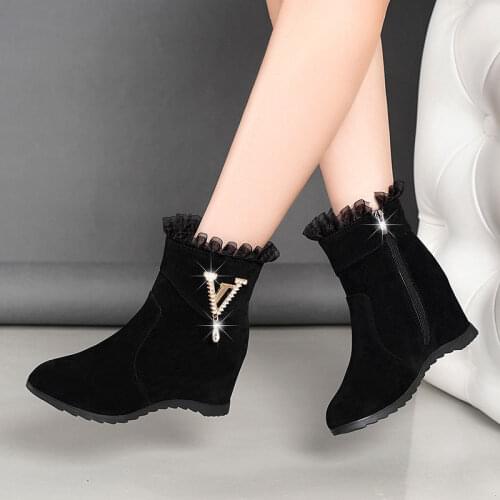 2020 New Fashion Women Wedges Ankle Boots Increasing Height Shoes Gauze High Heels Booties Metal Rhinestone botas muje