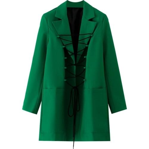 Ladies Casual Buttonless Drawstring Blazer For Women Notched Long Sleeve Green Blazers Female Fashion New Clothing chic coat top