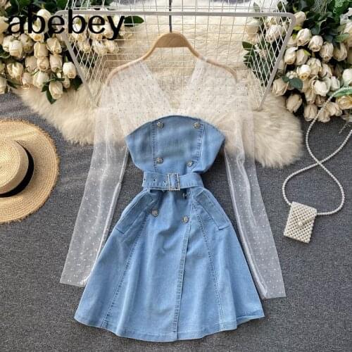 Women Retro Denim Dress Korean Splice Dot Mesh Long Sleeve V Neck A-line Dresses Summer Fashion Streetwear Short Dress