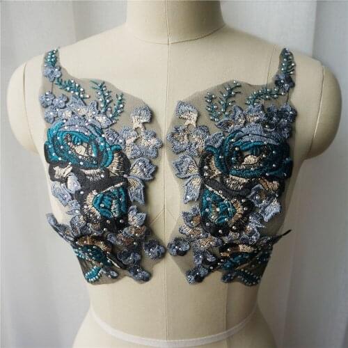 2PCS Dark Green Flower Rhinestone Embroidered Gown Appliques Lace Fabric Collar Mesh Sew Patches For Wedding Decoration DIY