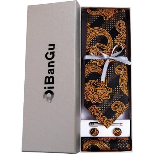 Mens Tie Gold Paisley Floral Silk Woven Luxury Business Wedding Necktie Pocket Square Cufflinks 4pcs Set Gift For Men DiBanGu