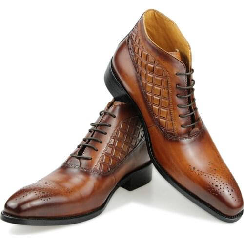 Mens Ankle Boots Genuine Leather Black Brown Luxury Work Winter High Heels Male Formal Business Wedding Dress Lace-up Man Shoes