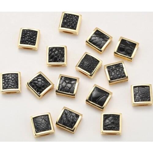 Charm Ostrich Leather Beads for Jewelry Making black Square Copper gold Needlework Beads Diy Bracelet Accessories Wholesale Lot