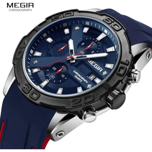 MEGIR Mens Fashion Sports Quartz Watches Silicone Strap Chronograph Analogue Wrist Watch for Man Military Casual Watch 2055BE-2