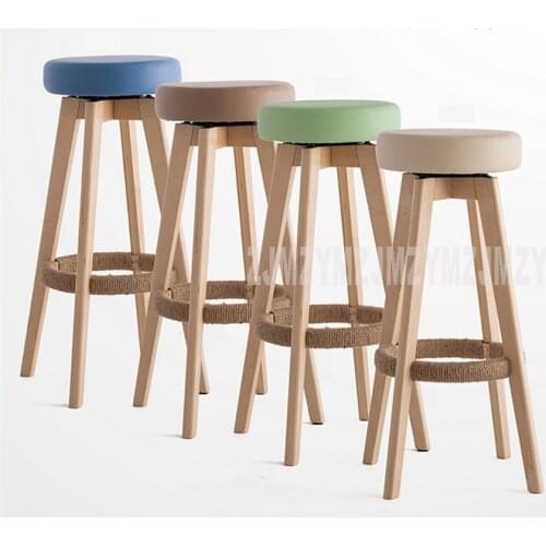 Wooden Swivel Bar Stools Modern Natural Finish Round PU Leather Sponge Soft Seat Backless Commerical Bar Furniture 74cm Height