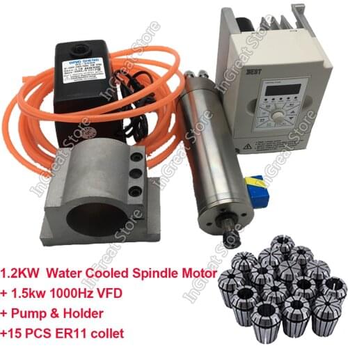 1.2KW Water Cooled Spindle Motor 24000rpm /36000rpm / 60000rpm 220V + 1.5kw 1000Hz VFD + Pump+ Holder +15pcs ER11 collet Kits