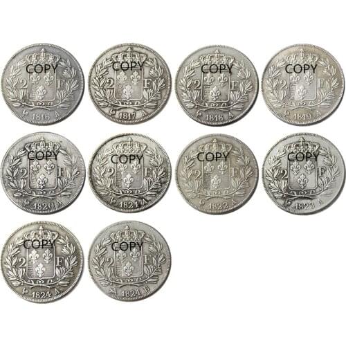 France A set of(1816-1821A) 10pcs 2Francs Silver Plated Copy Coins