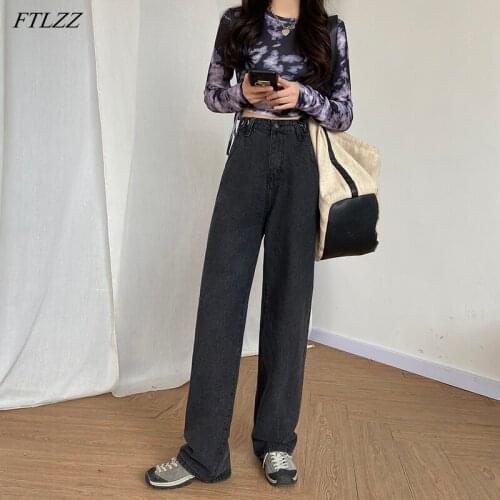 FTLZZ Summer Women Vintage High Waist Straight Black Long Denim Pants Streetwear Female Wide Leg Washed Jeans Ladies Trousers