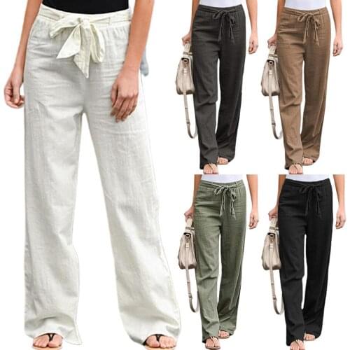 Hot Sale!!Elastic Waist Solid Color Women Trousers Thin Straight Wide Leg Belt Long Pants Women Clothing