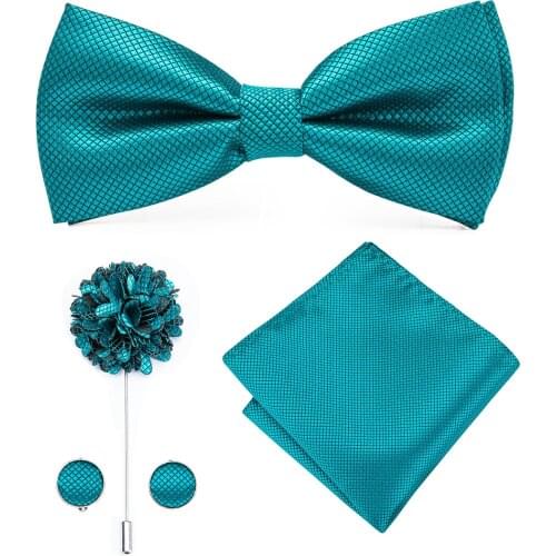 Hi-Tie Classic Bow tie Set with Corsage brooch Fashion Mens Blue Solid Plain Bow tie Pocket square set for Weddding Party