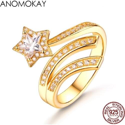 Anomokay New Arrival White Zircon Star Gold Color Women Rings Real 925 Sterling Silver Pentagram Resizable Ring for Party