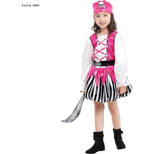 Pink Cute Girls Halloween Pirates of the Caribbean costumes For Kids Children Skeleton Pirate Cosplay Carnival Purim party dress