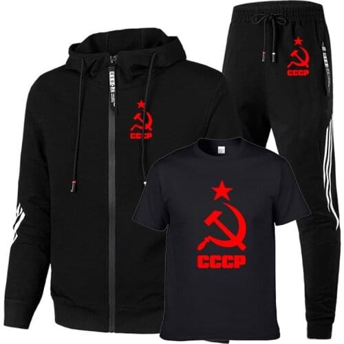 Mens suit CCCP Russian USSR Soviet Union Spring Autumn stripe Cotton High Quality Mens sweatshirt+t-shirt+pants 3-piece set