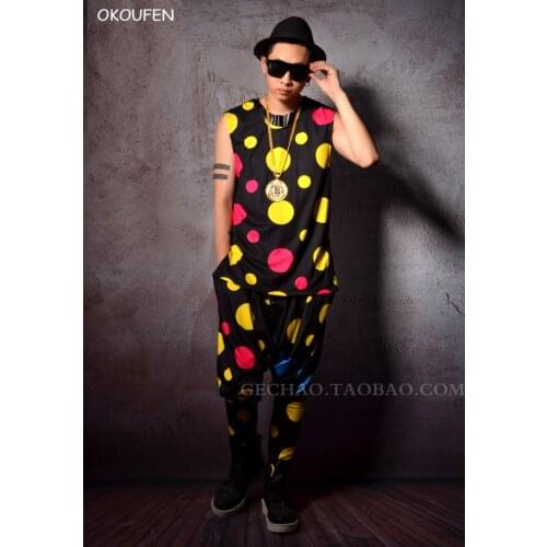 Man Fashion Colorful Dot Loose Vest pants set Hip Hop Star show stage dance wear Nightclub Bar Singer DJ Dress Costume