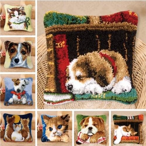 Latch Hook Kits Diy Dieren Handwerk Kussen Kat Pillow Embroidery Cross Pillows Cat Dog Do It Yourself Knooppakket Smyrna