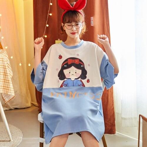 2021 New Nightdress Summer Short Sleeve Cotton Thin Sweet Cartoon Girl Pajamas Culture Skirt Home Clothes Cartoon Print Oversize