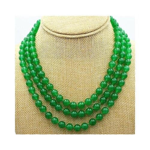 New charming 3 rows 8mm emerald green beads Necklace 17-19"Crystal clasp