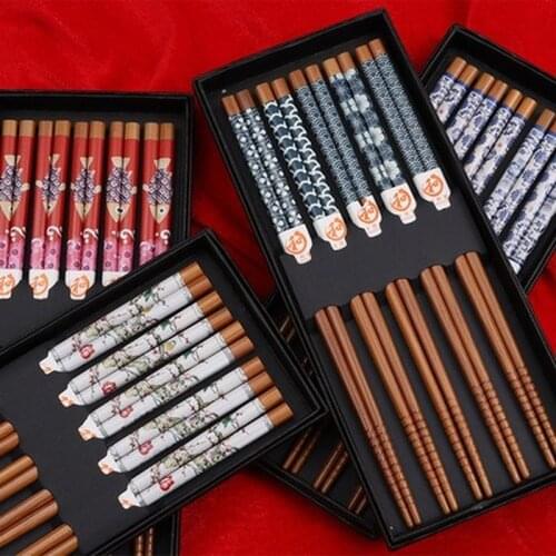 5Pair Reusable Set Handmade Bamboo Chinese Natural Wood Chopsticks Food Cat Flower Multi color Wooden Chopsticks Bamboo sticks